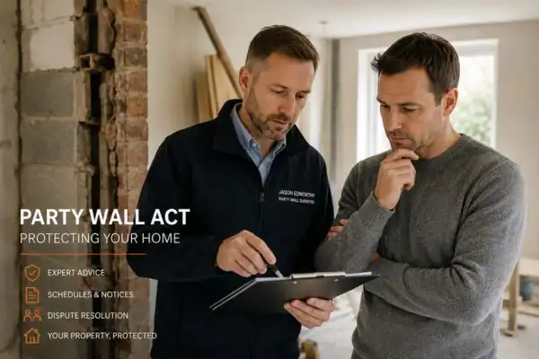 Party wall surveyor Evesham discussing extension plans with homeowner outside a UK semi-detached house.